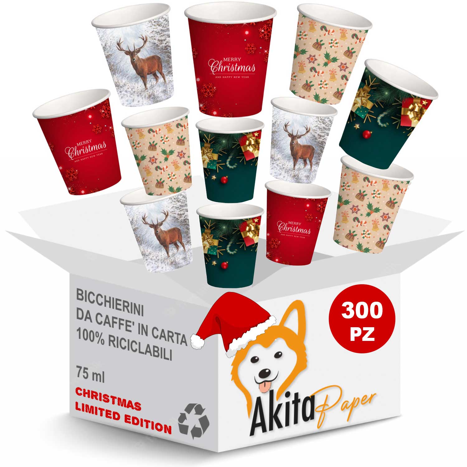 300 Bicchieri natalizi caffe' carta 75ml Natale: AKITAInk monouso biodegradabili foto 2