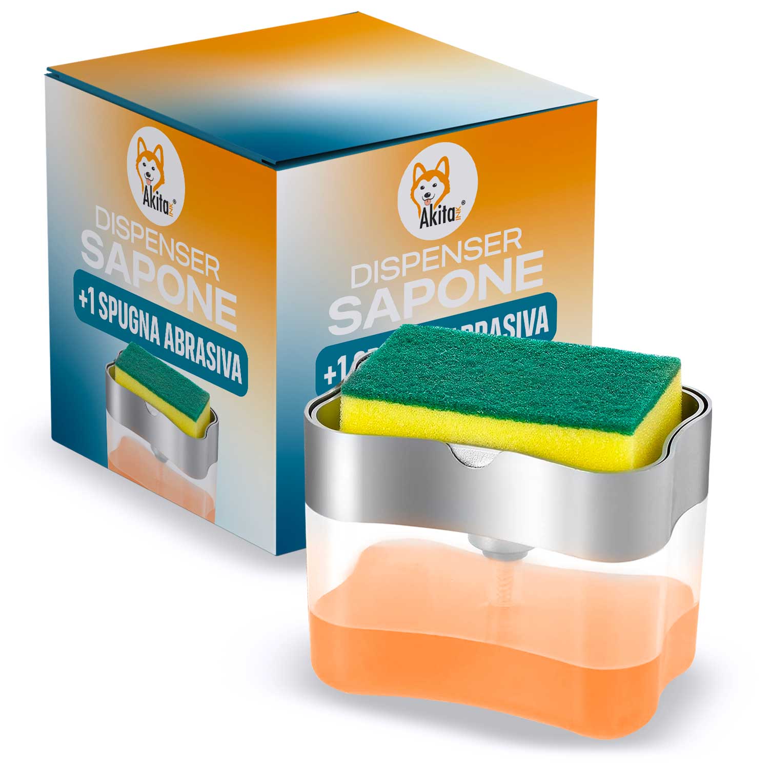 Dispenser sapone liquido e portaspugna akitaink con spugna abrasiva in omaggio.