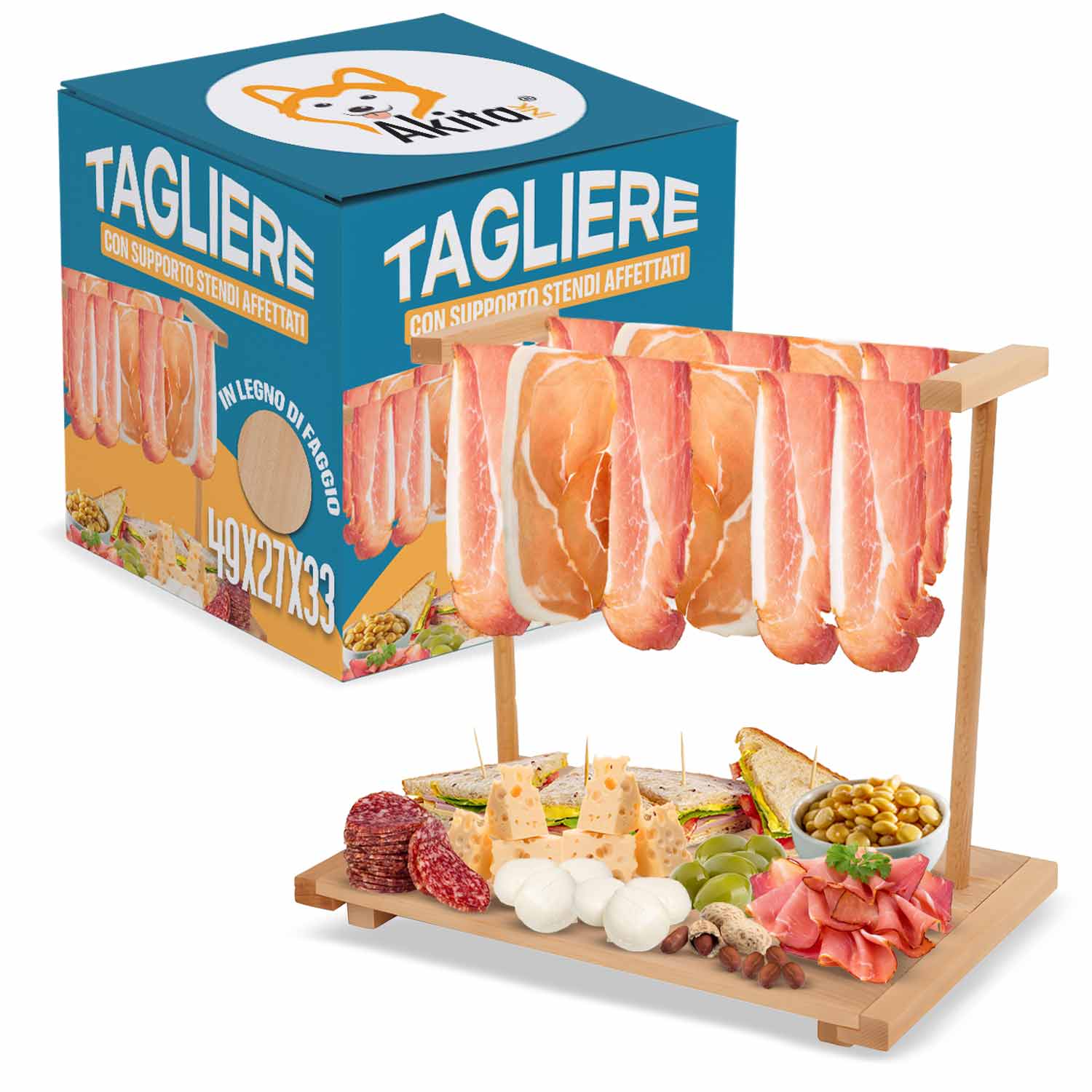 Tagliere per Aperitivo - Appendi Prosciutto in Legno di Faggio 49x27x33 cm foto 2