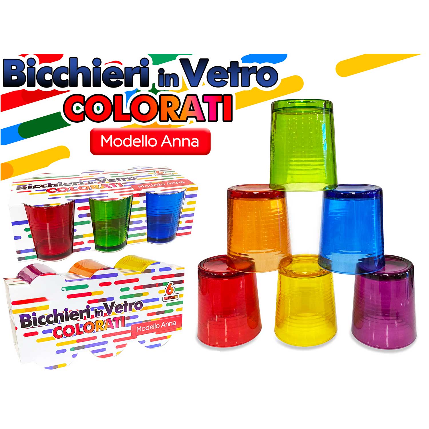 Akitaink Bicchieri acqua vetro colorati Set 6 Bicchieri, 6 pezzi cc 265 ml Anna foto 3