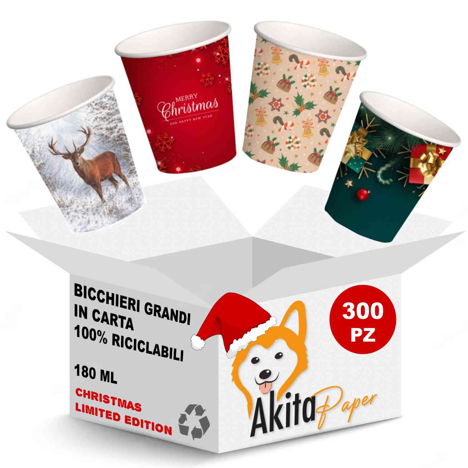 300 Bicchieri natalizi acqua carta 180 ml Natale AKITAInk monouso biodegradabili foto 2