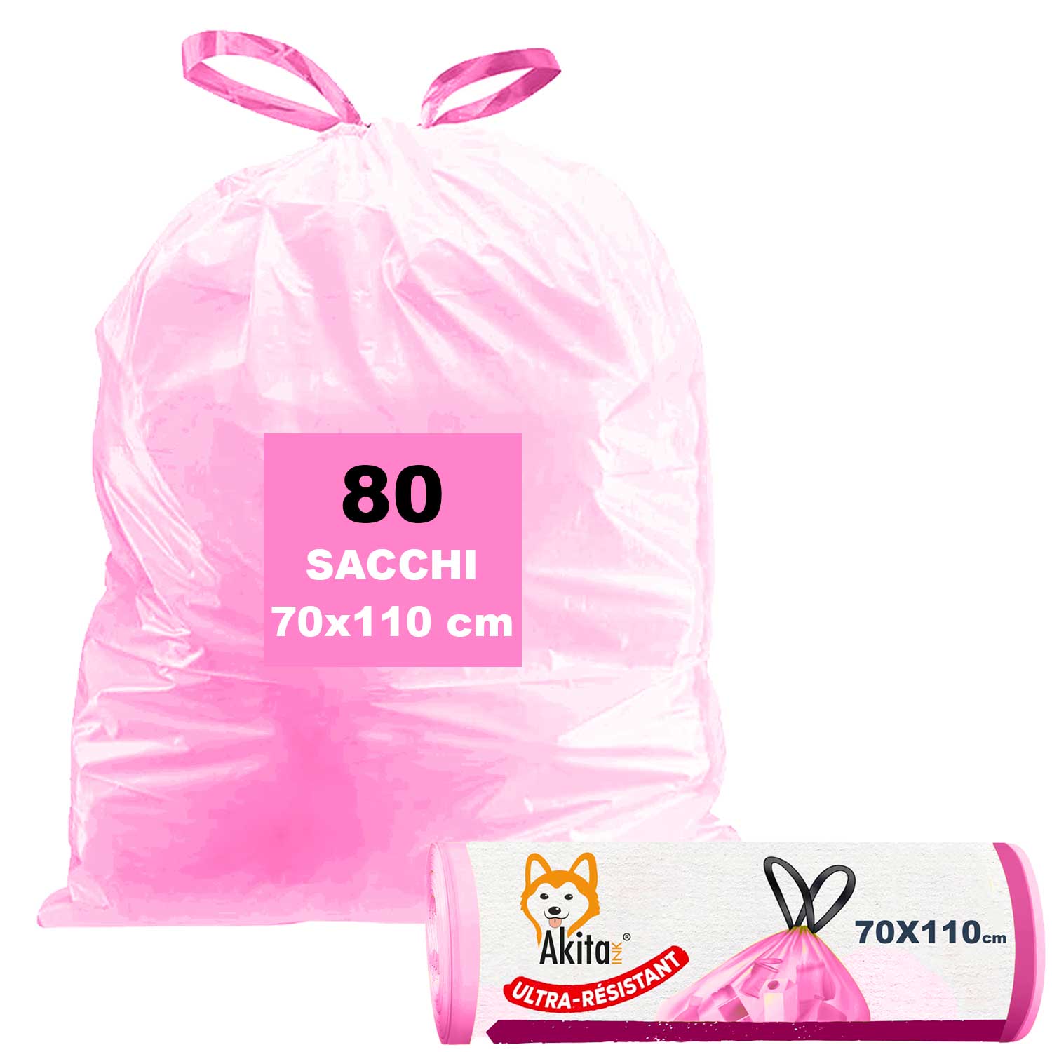 Akitaink, 80 sacchi per pattumiera 70x110 con manici rosa alta resistenza, 110l.
