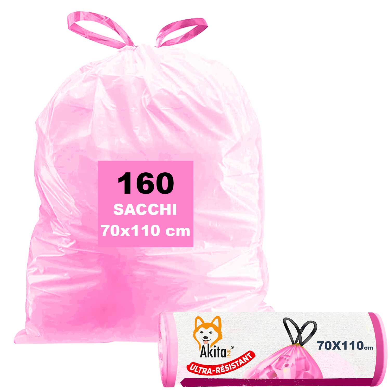 AkitaInk, 160 sacchi per pattumiera 70X110 con manici Rosa Alta Resistenza, 110L foto 2