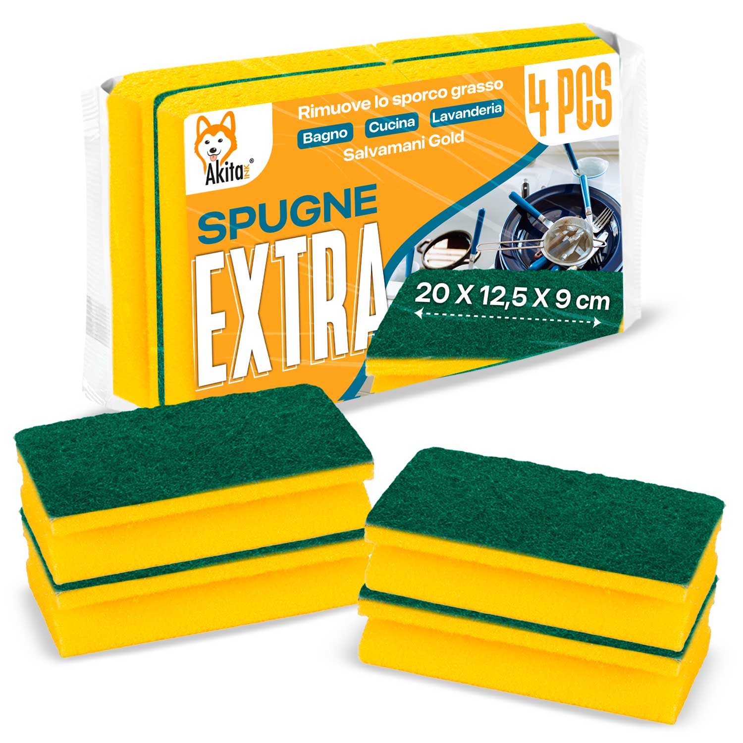 Akitaink 4 spugne xxl antibatteriche per bagno e cucina 20x12,5x9 cm.